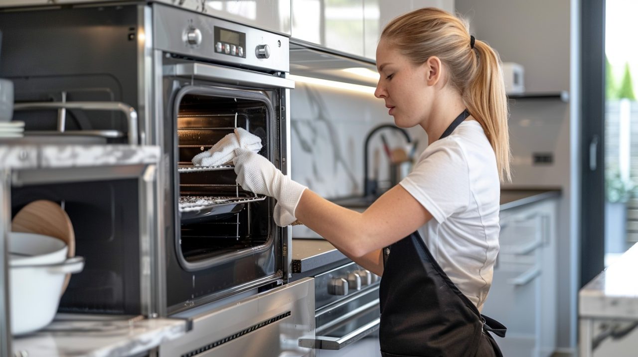professional cleaner in London performing end of tenancy oven cleaning