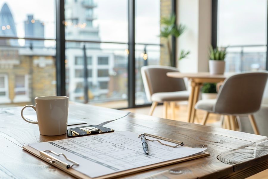 tenancy cleaning inventory checklist on a sleek office clipboard, placed on a modern wooden dining table in a stylish central London apartment
